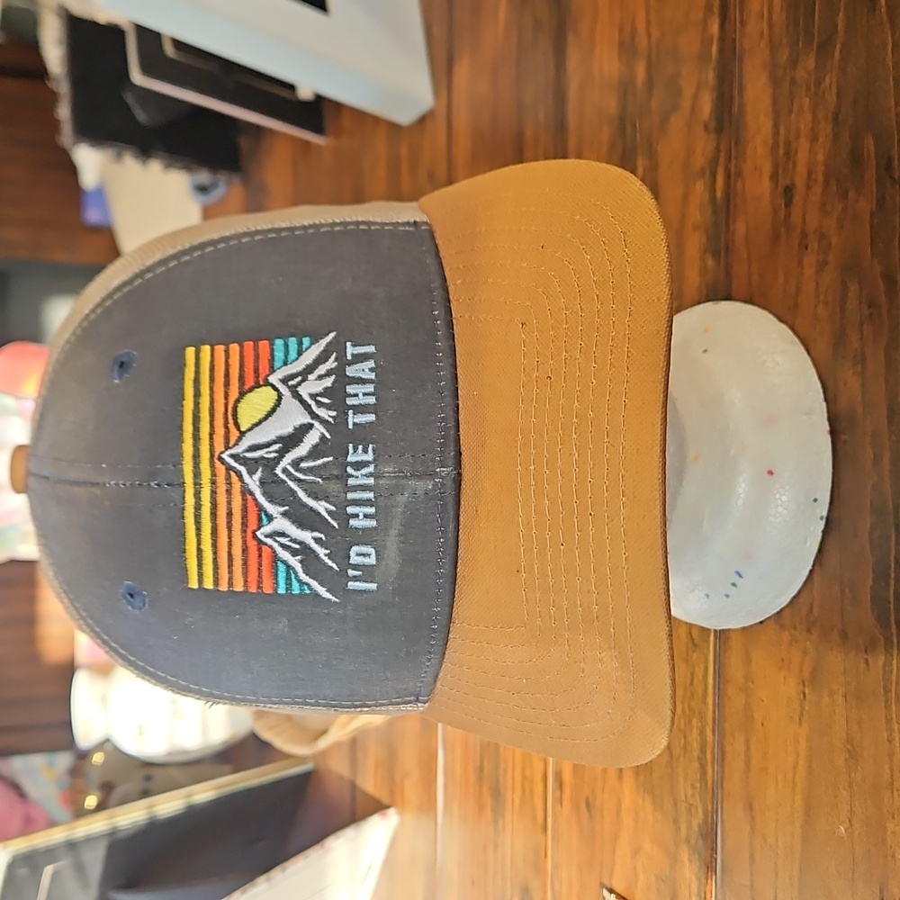 Gray and Tan " Id Hike That "  Trucker Hat with Mountain Design